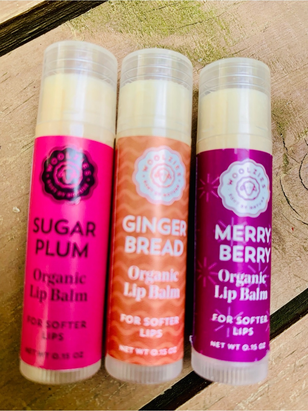 Organic Lip Balm Trio — Sugar Plum Pink, Gingerbread Tan & Merry Berry Purple